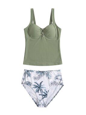 NWOT | Olive Green Tropical Palm Tree Ruched Tankini 2 Piece Swimsuit 9-10Y